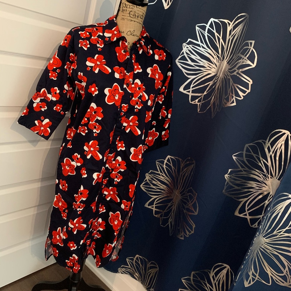 NWOT Vintage dark blue and red floral printed long shirt dress